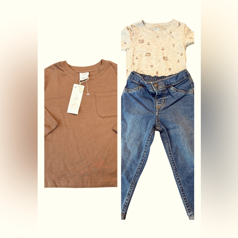 Zara Kids Tan Long Sleeve Tee and Carters Bodysuit‎ and Jeans Size 12/18 months